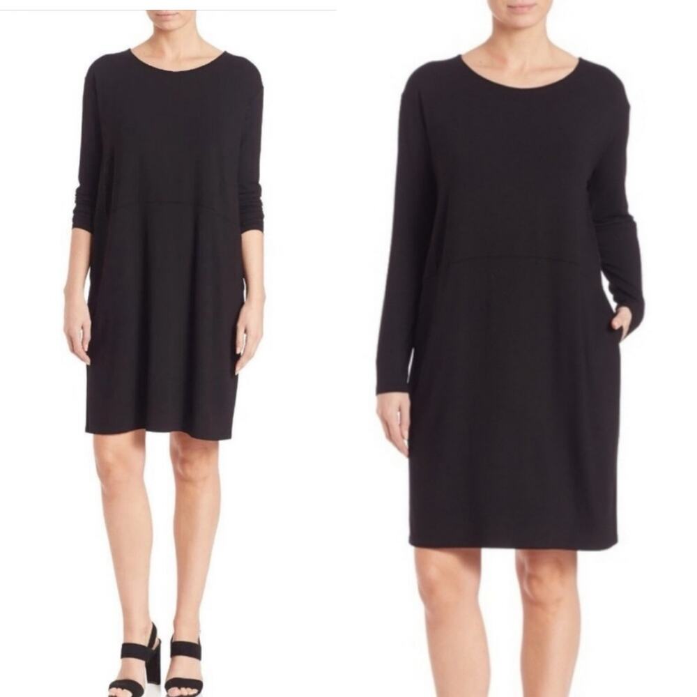 Eileen Fisher Viscose Jersey Stretch Pockets Long Sleeve Knee Length Dress Black